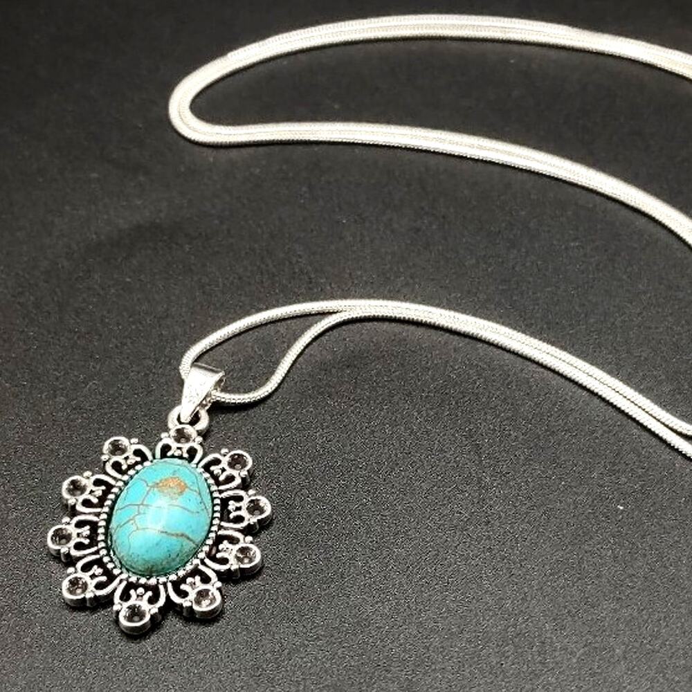 925 Sterling Silver Necklace w/ Turquoise Vtg Boho Floral Pendant Women's Gift